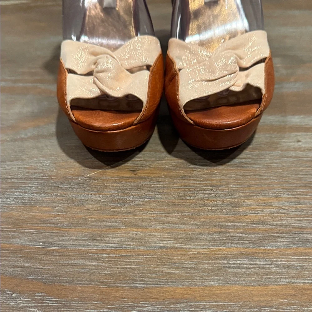 Cynthia Vincent Leather Wedge Sandals Size 6 Brown Knot Peep‎ Toe Boho Chic